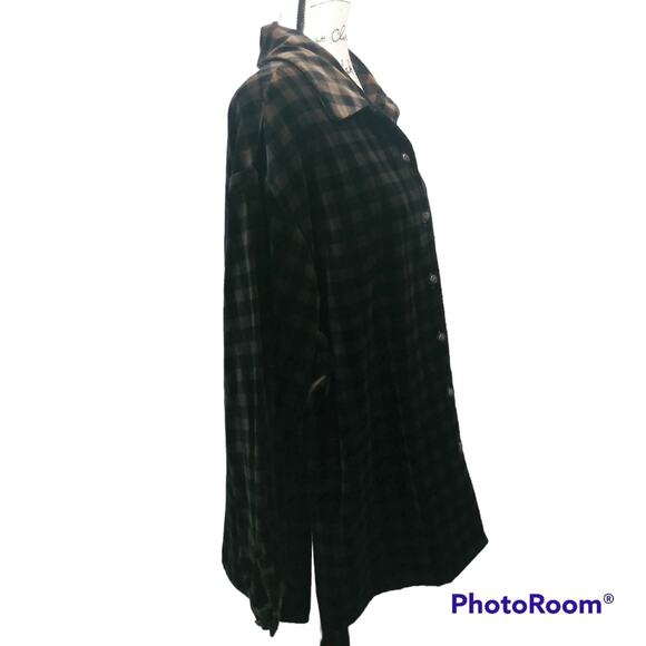Coldwater Creek Brown Black Plaid Velvet Button Front Shacket Size L - Picture 2 of 11